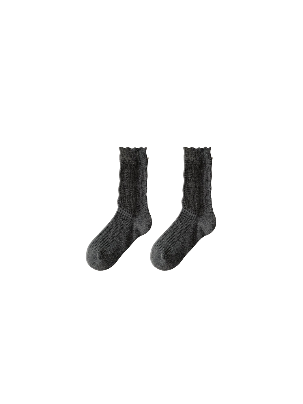 Dark Gray ruffled crew socks with pearl-like cuff embellishments