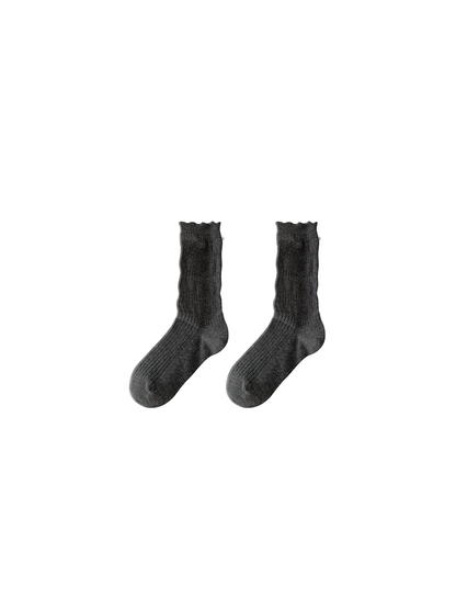 Dark Gray ruffled crew socks with pearl-like cuff embellishments