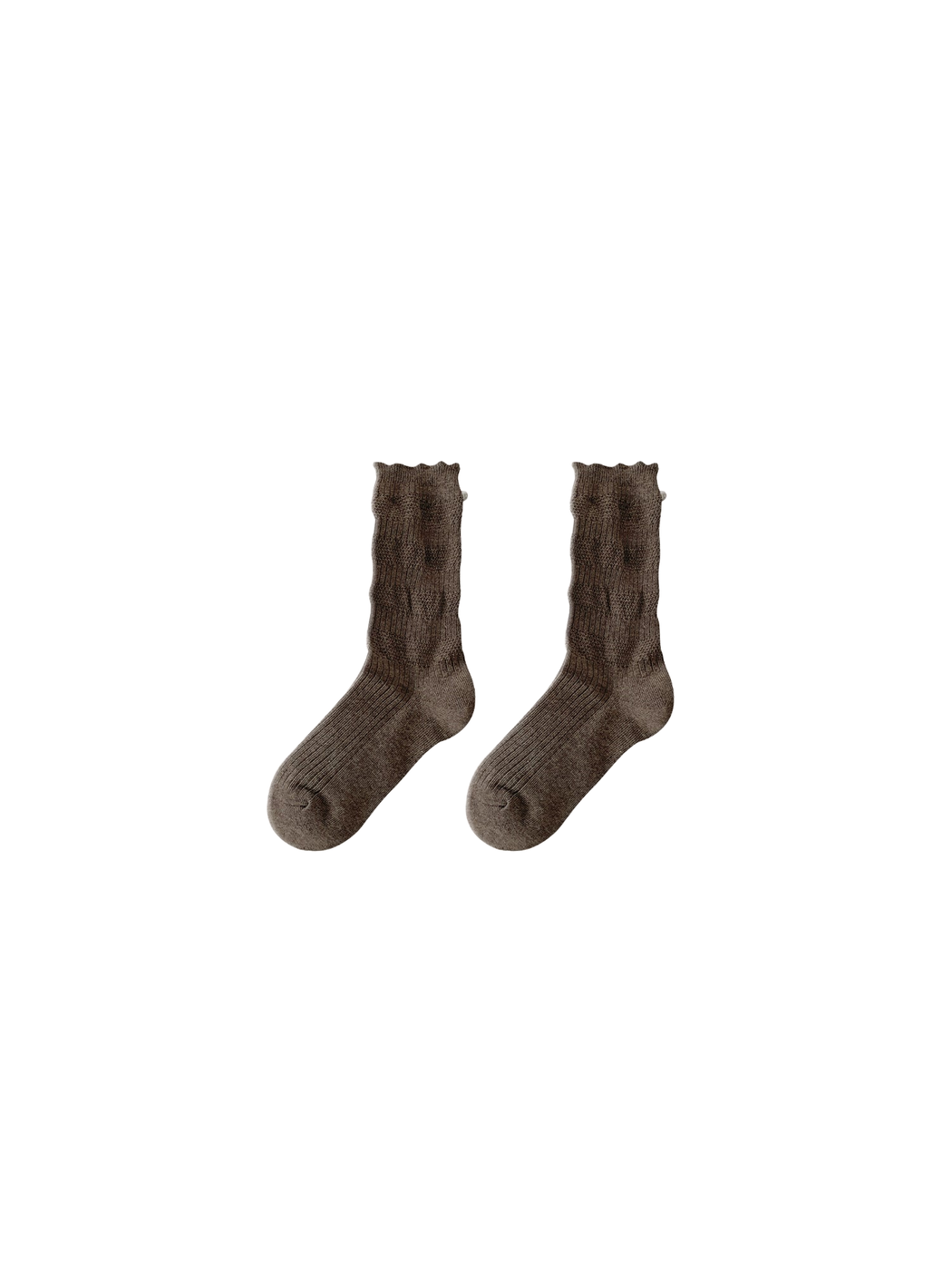 Coffee ruffled crew socks with pearl-like cuff embellishments