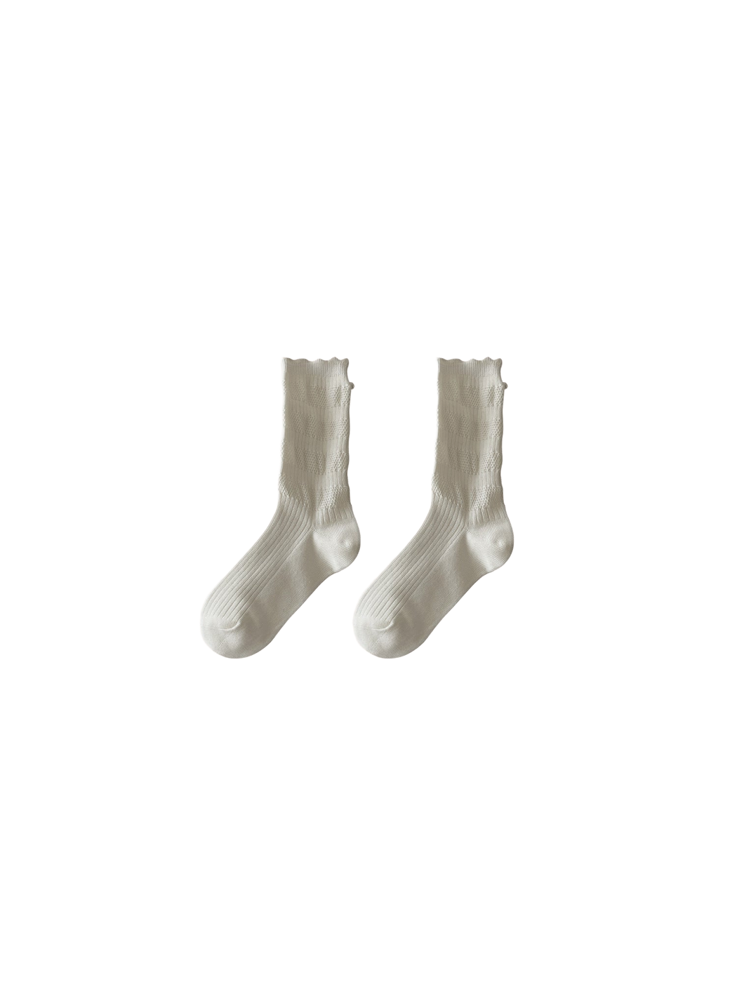 Ivory ruffled crew socks with pearl-like cuff embellishments