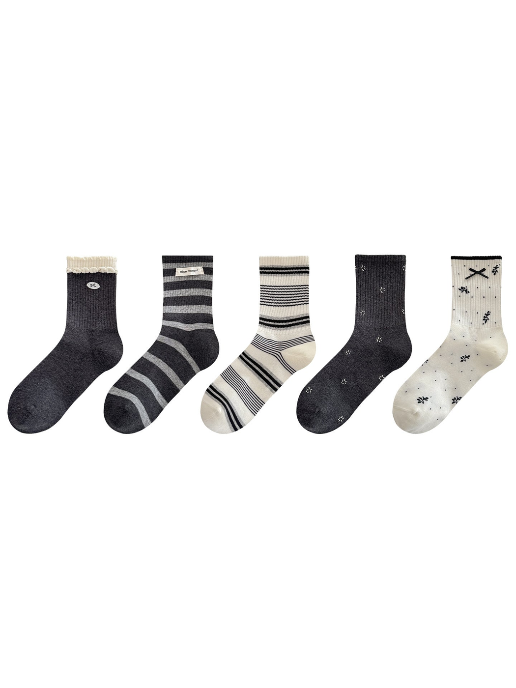 Five crew socks displayed in a row on a white background