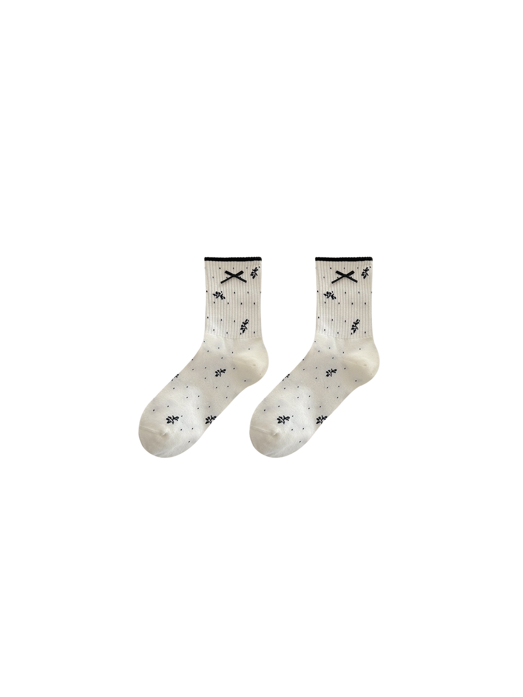 Bow style ivory crew socks with bow and floral motifs