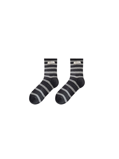 Fabric Label style black-and-gray striped crew socks with a fabric label near the cuff