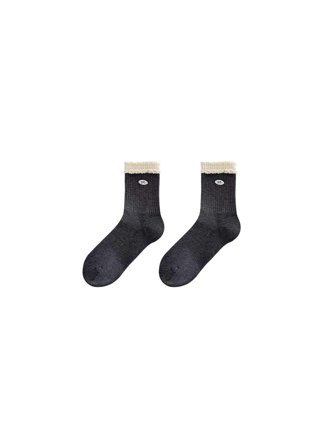 Oval Embellishment style dark gray crew socks with a small oval embellishment near the cuff