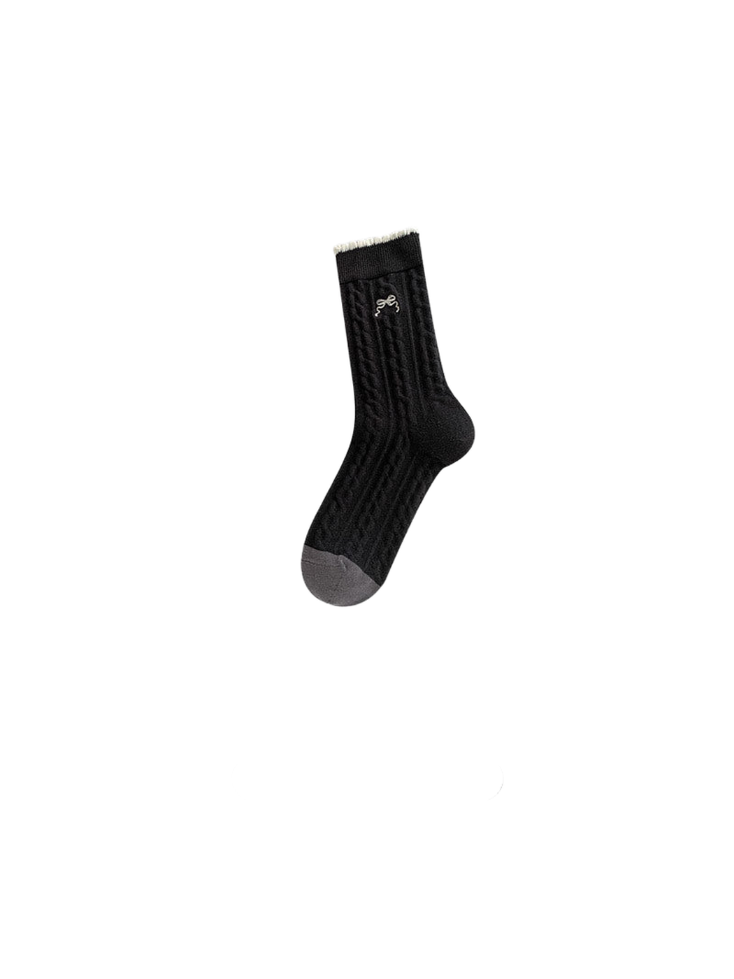 Embroidered black sock with raised vertical texture and contrasting gray toe