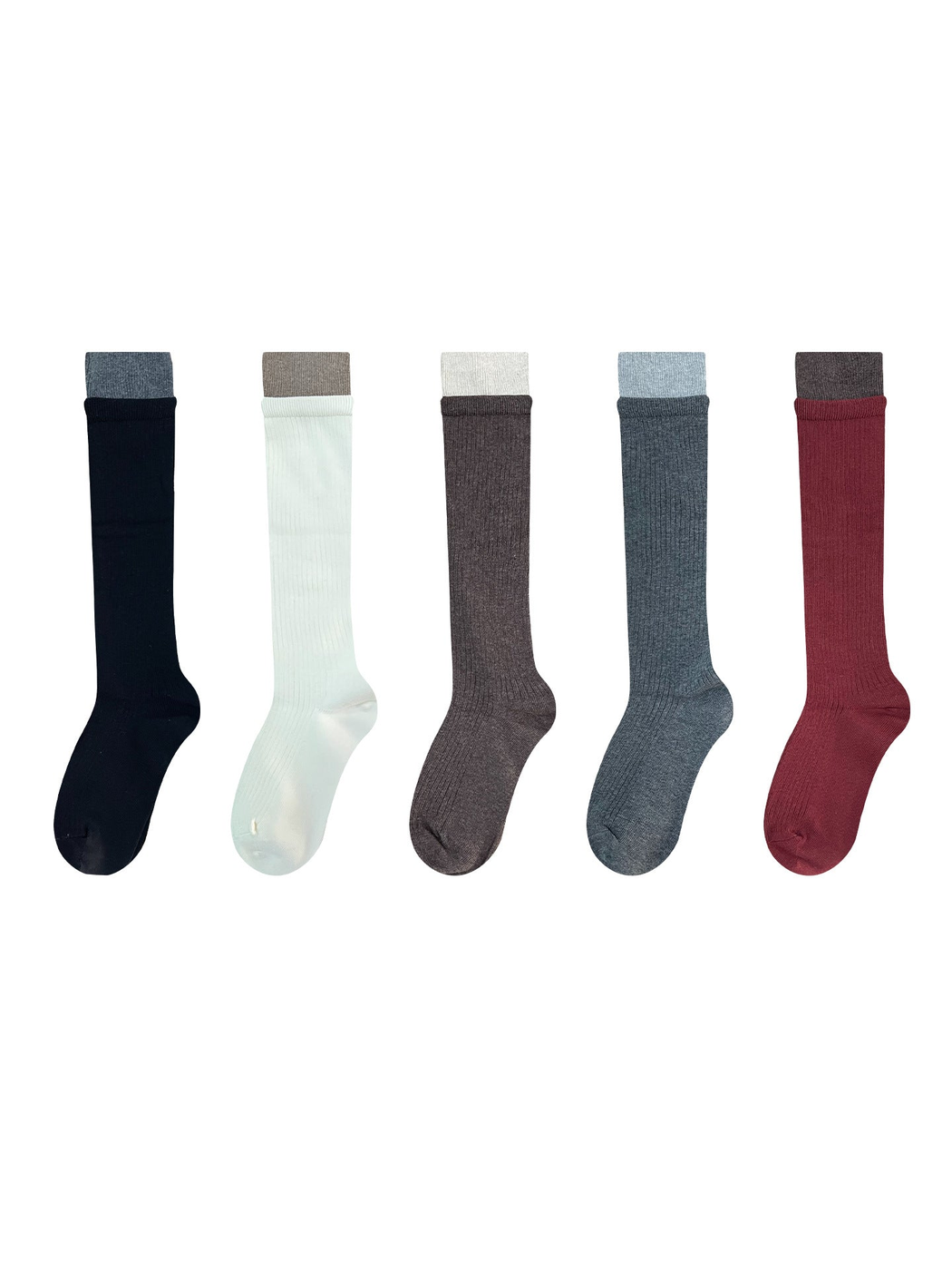 Five color options of ribbed knee-high socks displayed together