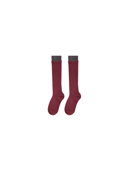 Burgundy ribbed knee-high socks with a contrasting cuff