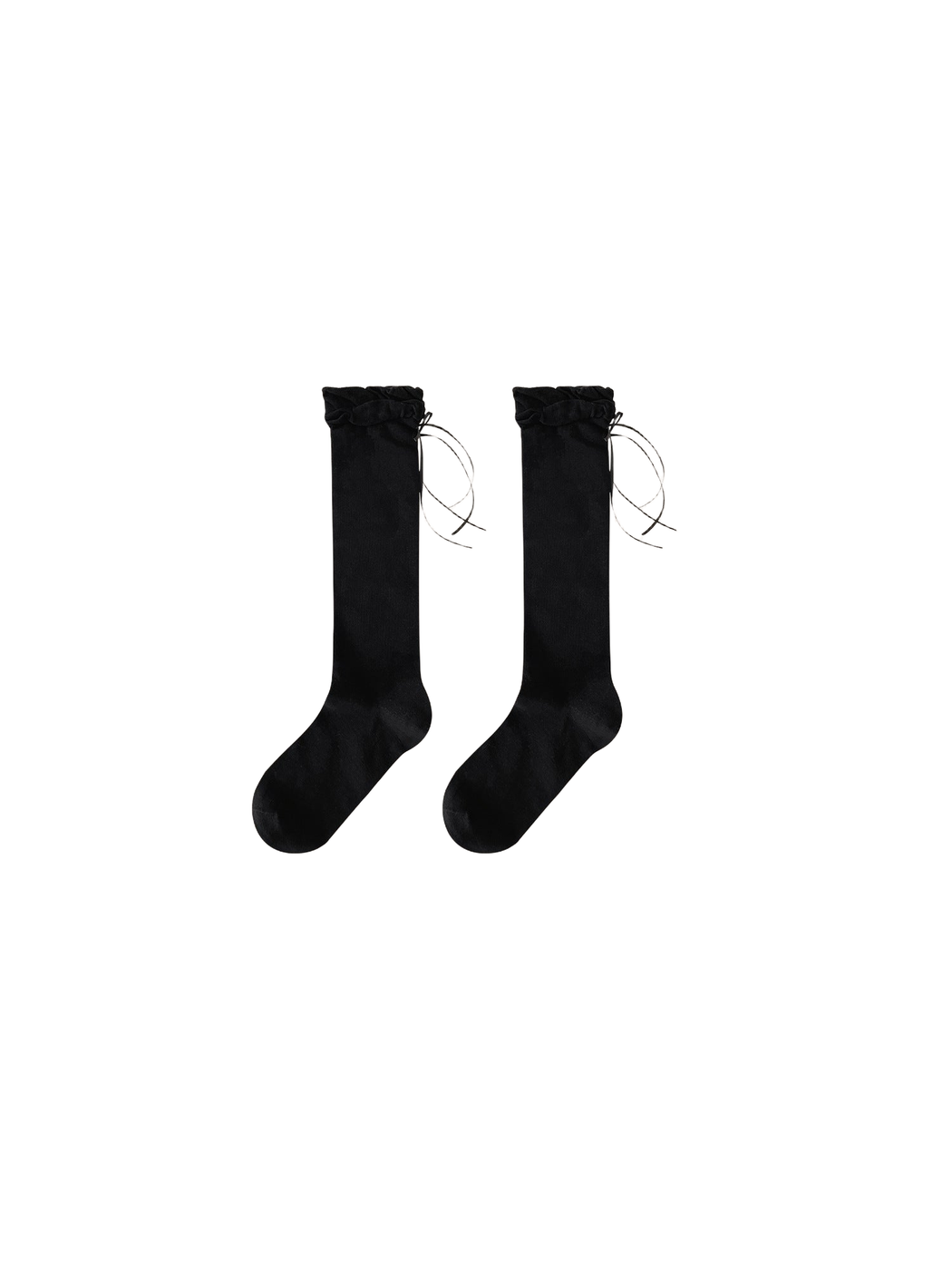 Black knee-high socks with ruffled cuffs and drawstring ties