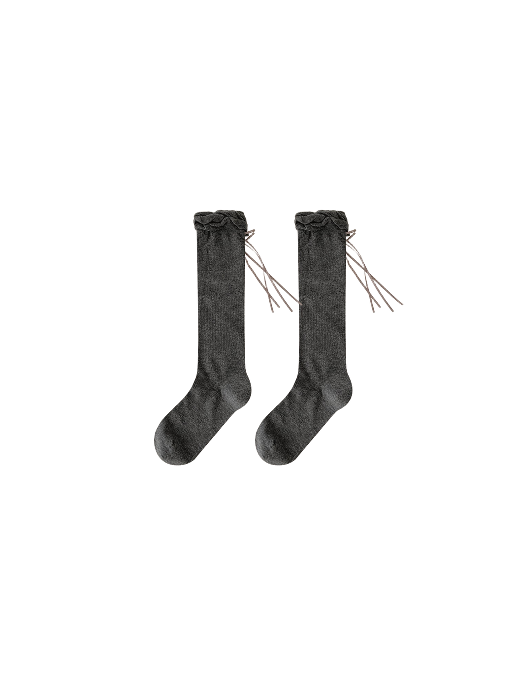 Dark gray knee-high socks with ruffled cuffs and drawstring ties