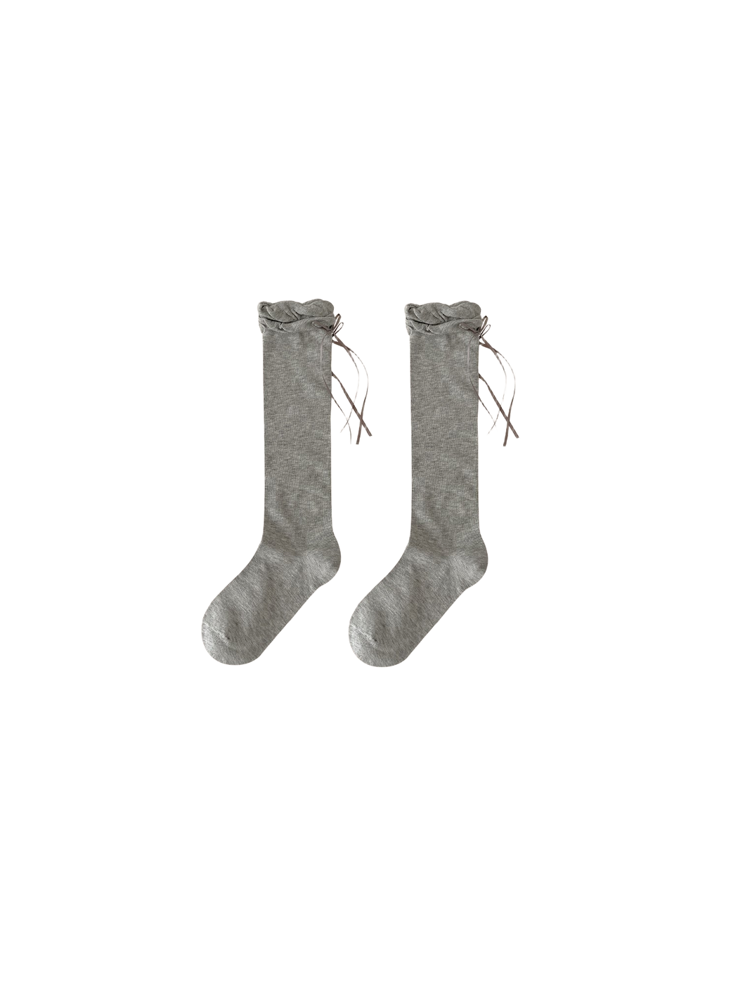 Light gray knee-high socks with ruffled cuffs and drawstring ties