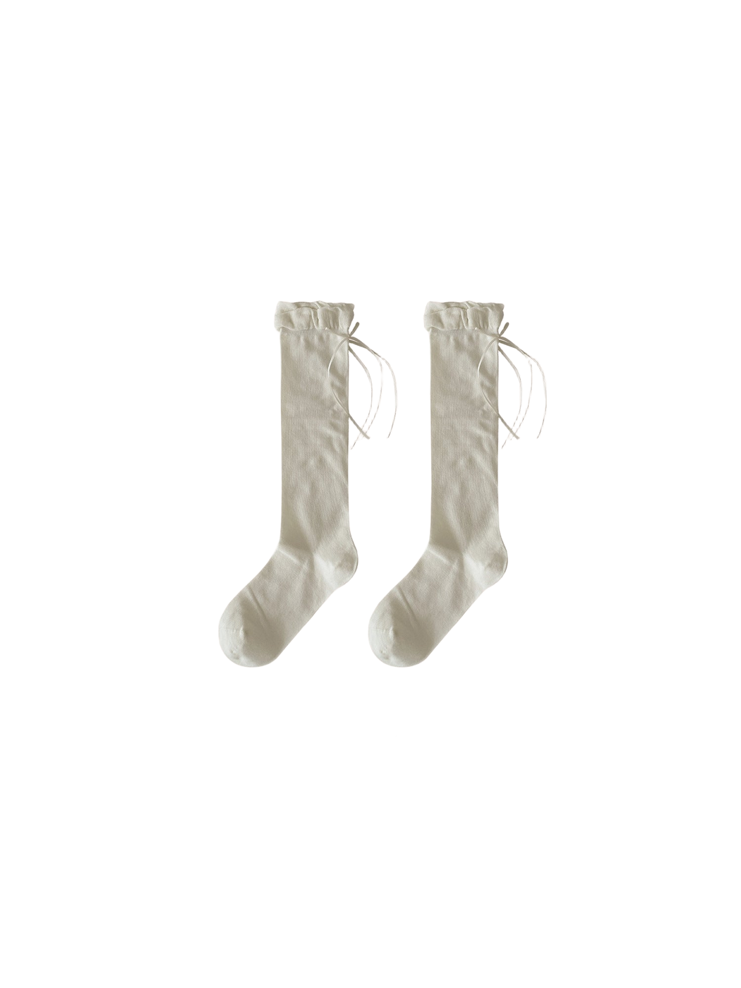 White knee-high socks with ruffled cuffs and drawstring ties