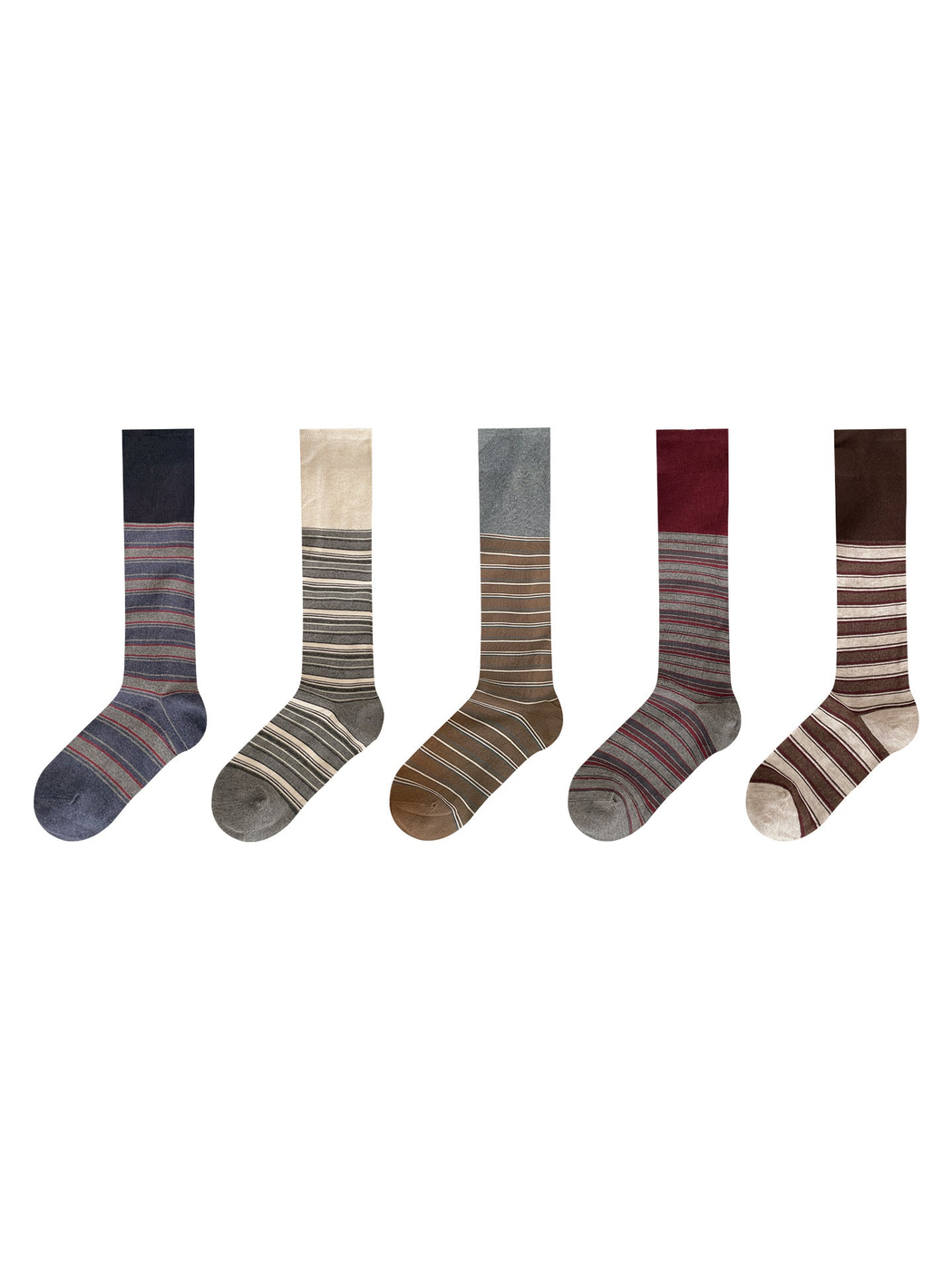 Five striped knee-high sock color variants displayed together