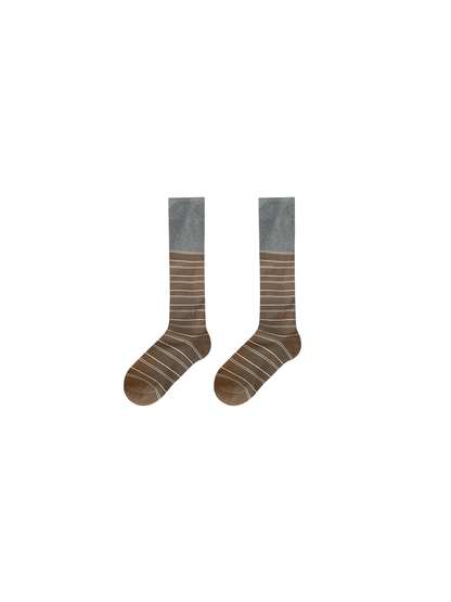 Gray striped knee-high socks, front view