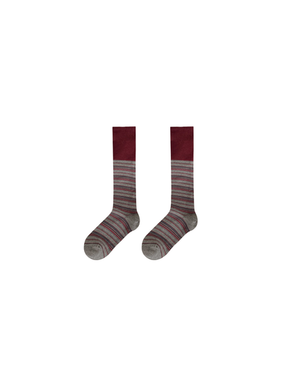 Burgundy striped knee-high socks, front view