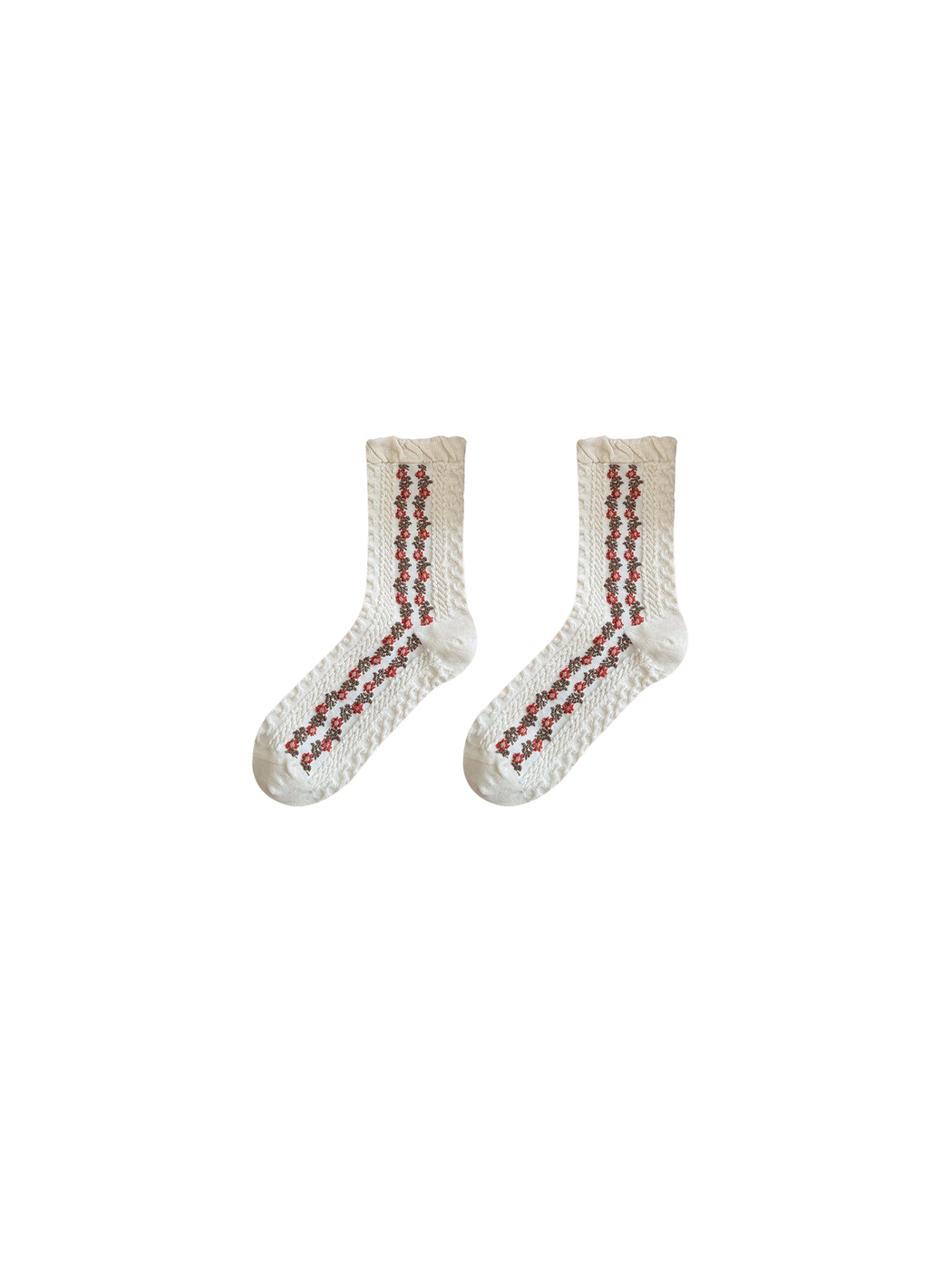 Vertical Floral socks with a ruffled cuff, front view