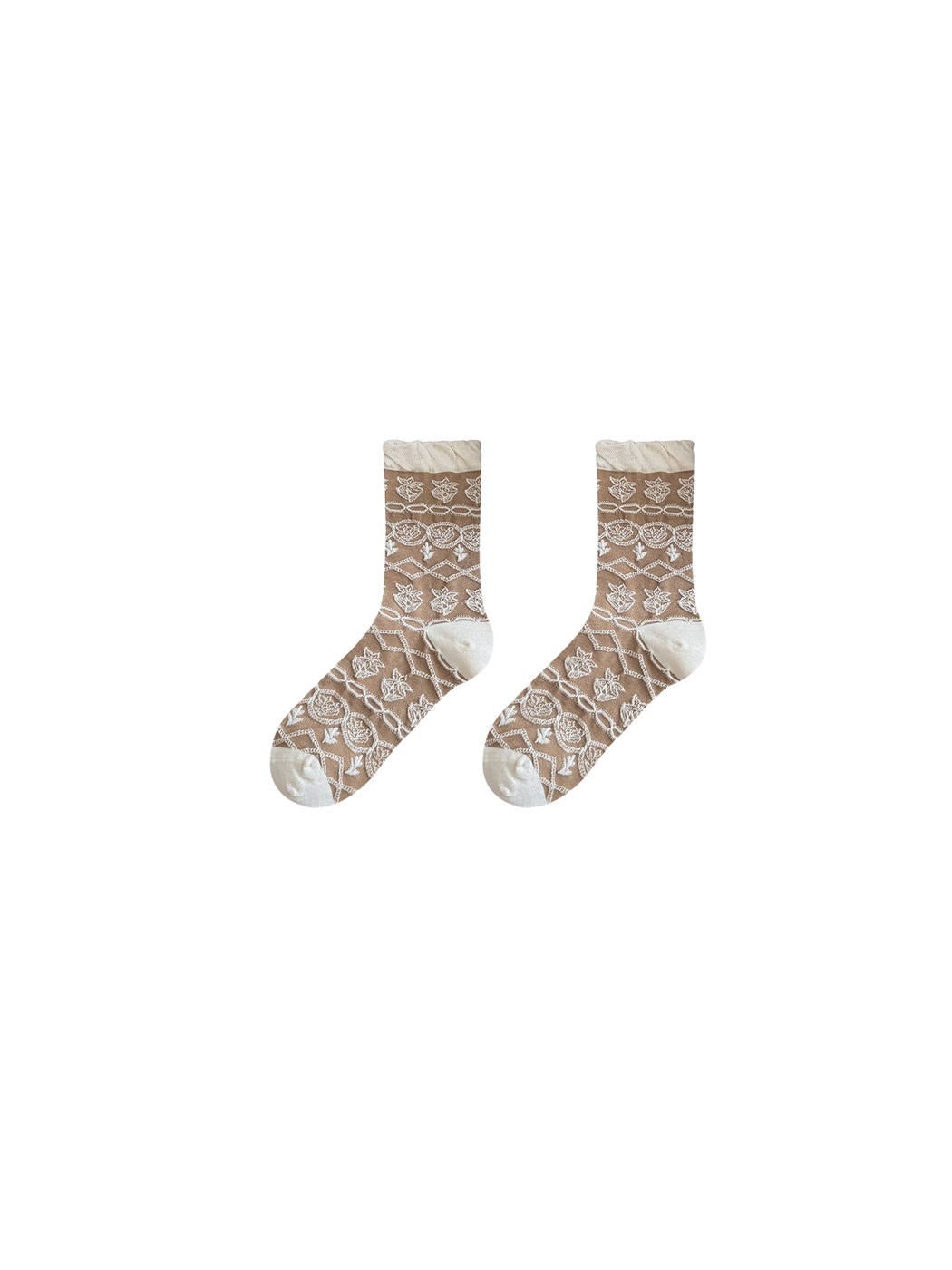 Floral Geometric socks with a ruffled cuff, front view