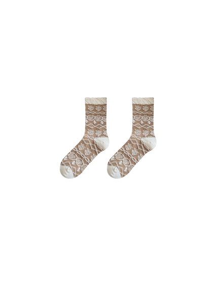 Floral Geometric socks with a ruffled cuff, front view