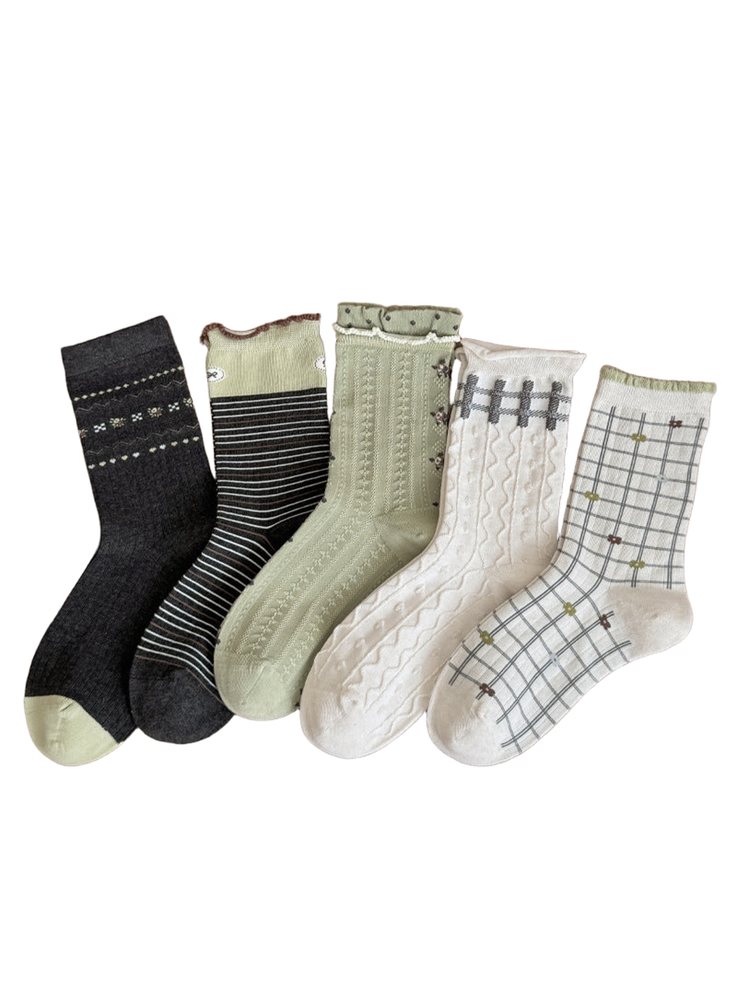 Five patterned crew socks displayed together