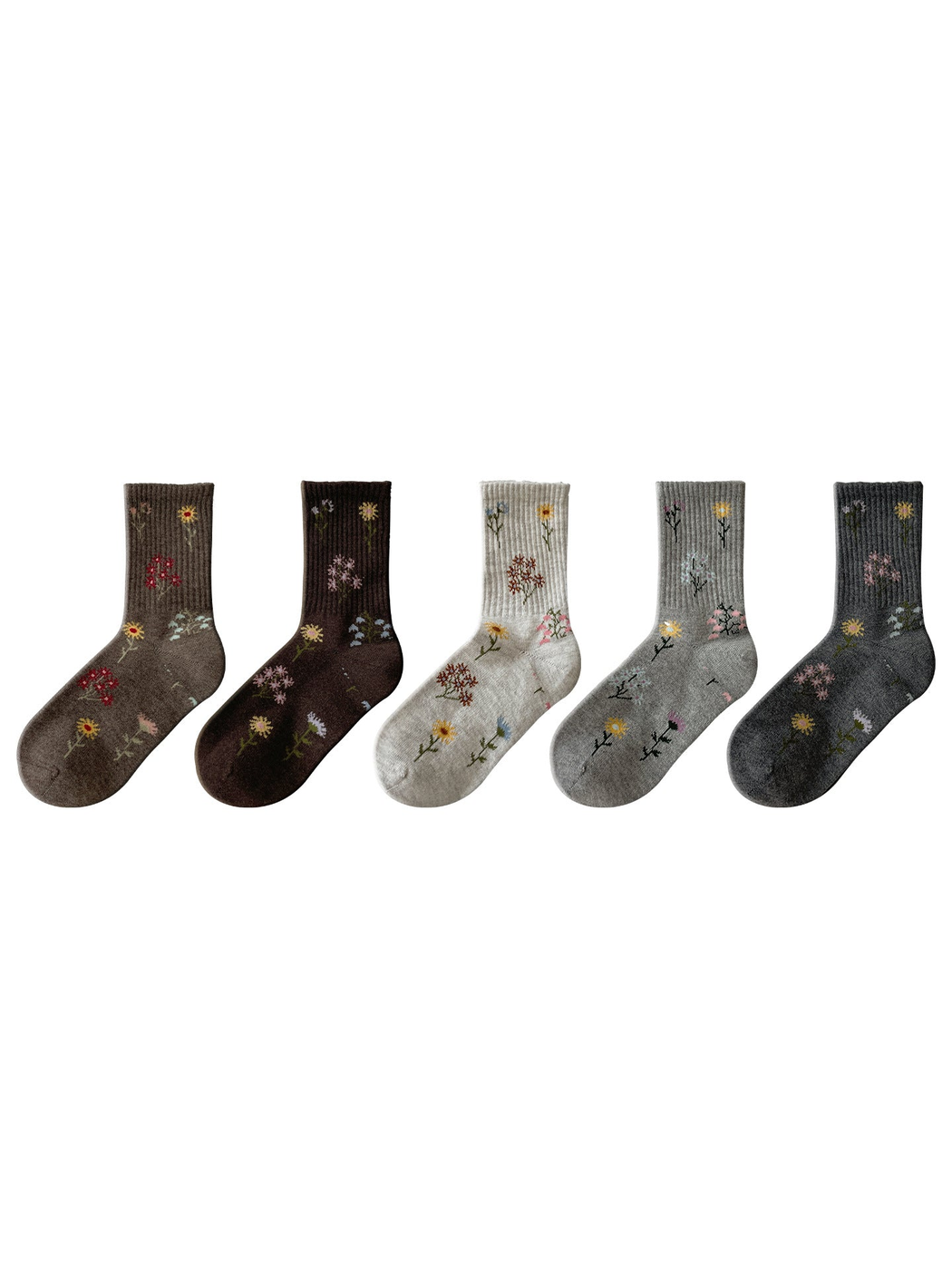Five floral crew sock colors displayed together on a white background