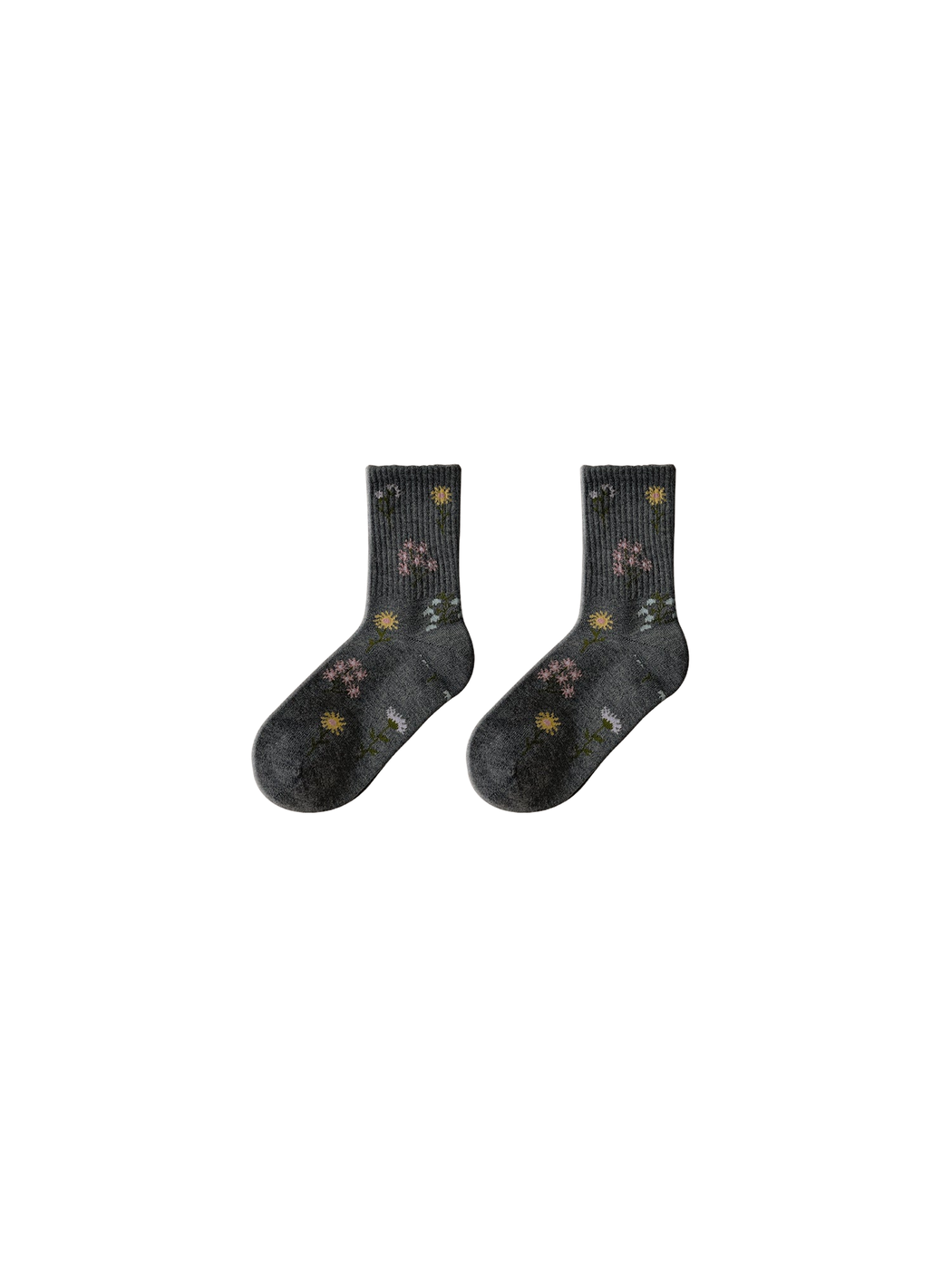 Dark Gray floral crew socks displayed together