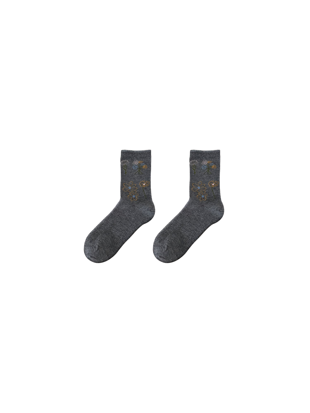 Dark Gray floral crew socks, front view