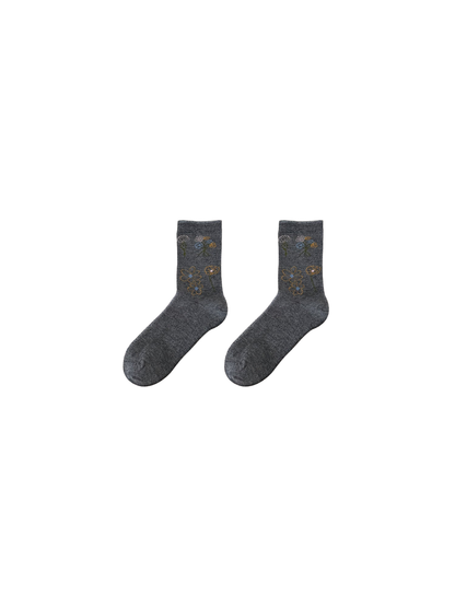 Dark Gray floral crew socks, front view