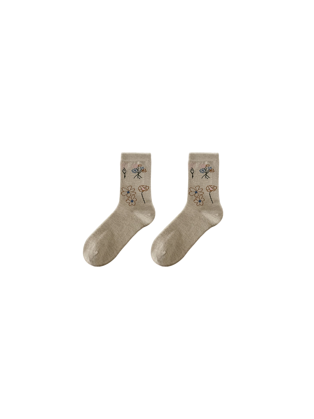 Greige floral crew socks, front view