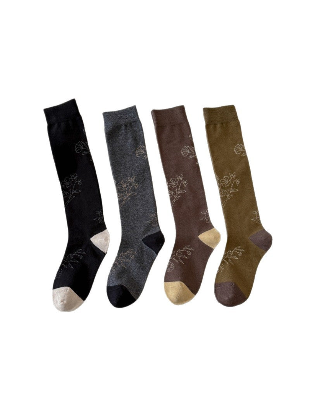 Four knee-high socks in Black, Heather Gray, Coffee, and Army Green with floral motifs displayed together