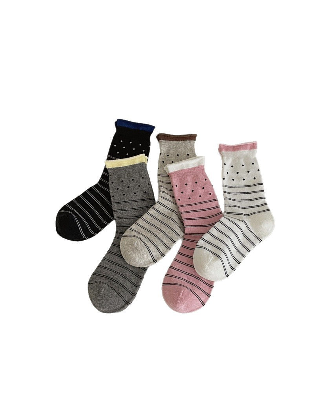 Five color variants of polka-dot and striped crew socks displayed together