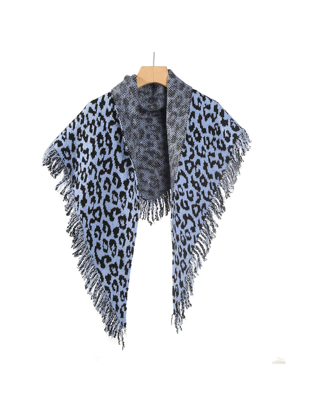 Blue and black leopard-print scarf with fringed edges, front view