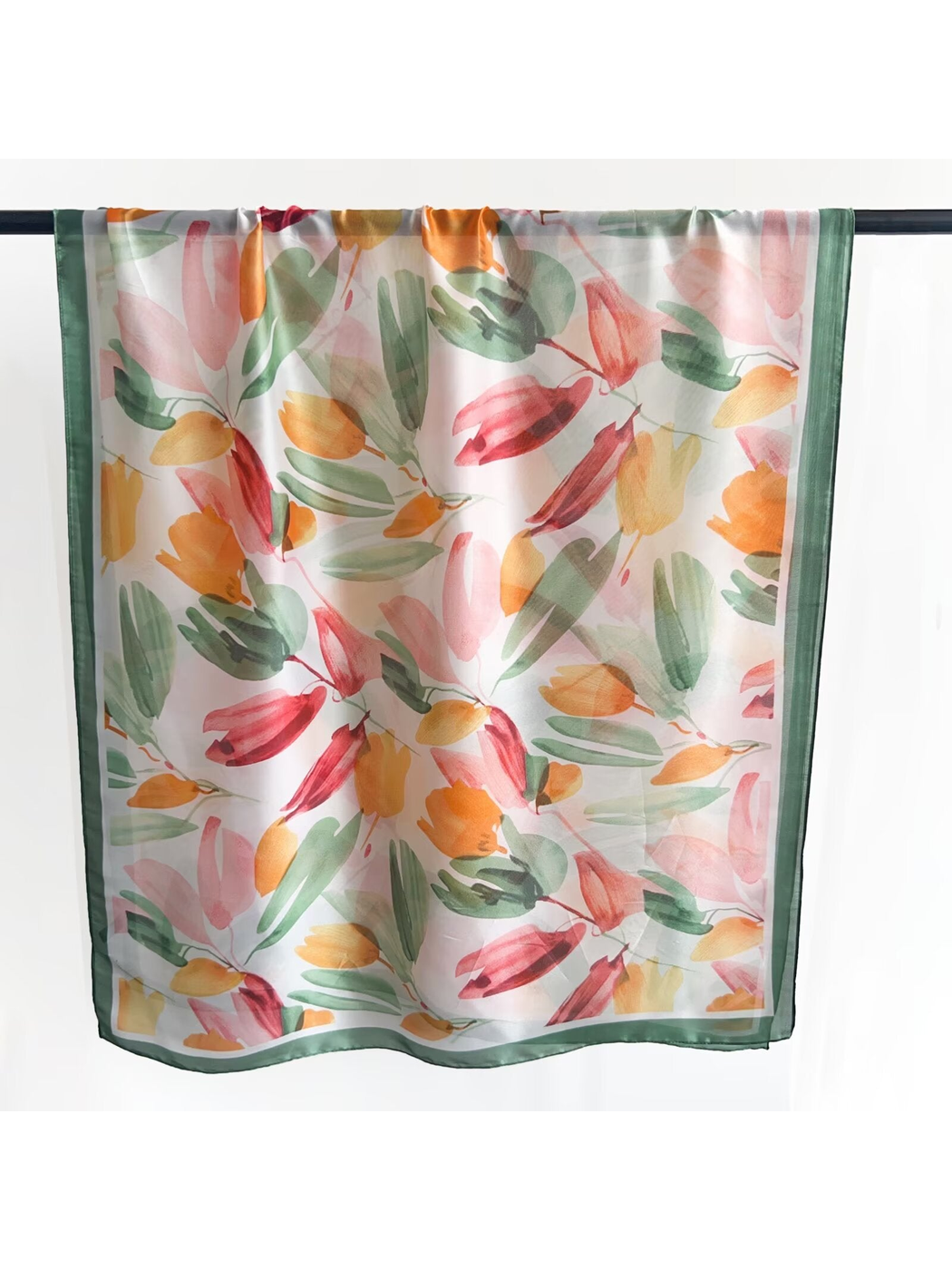 Dark Green floral and leaf print square scarf with contrasting edge border, full view