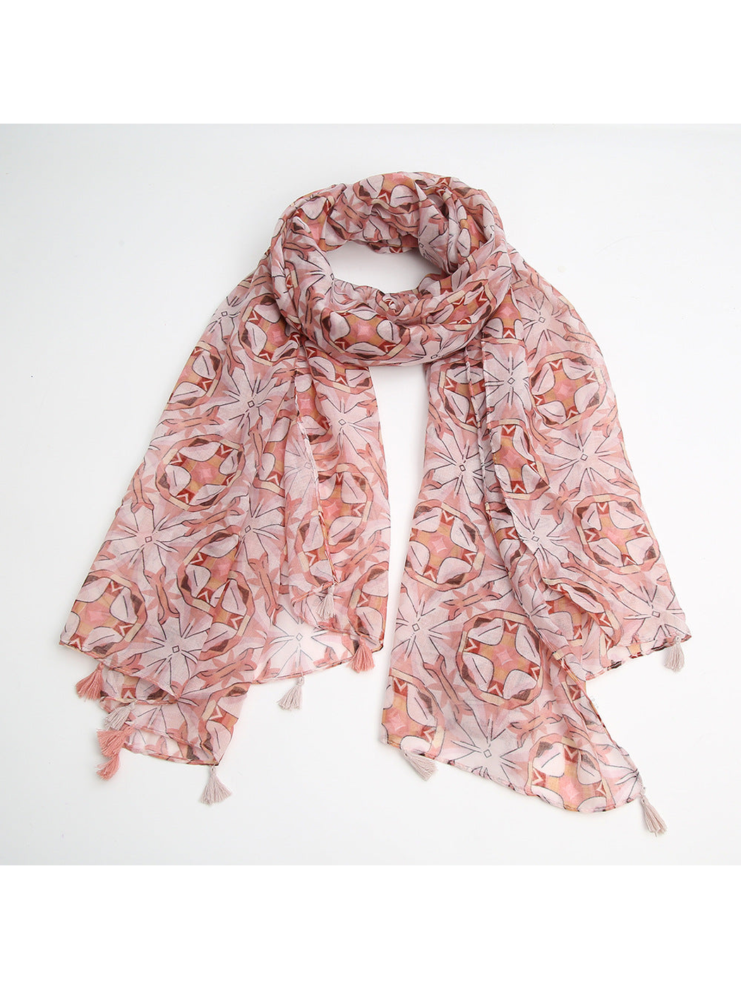 Pink geometric scarf with tassel fringe, flat display