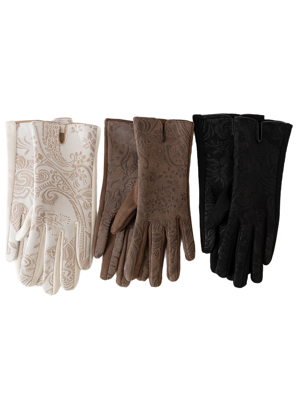 Ivory, brown, and black full-finger gloves displayed together