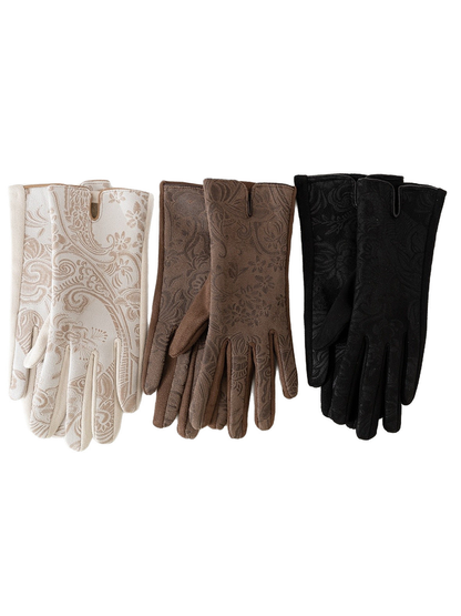 Ivory, brown, and black full-finger gloves displayed together