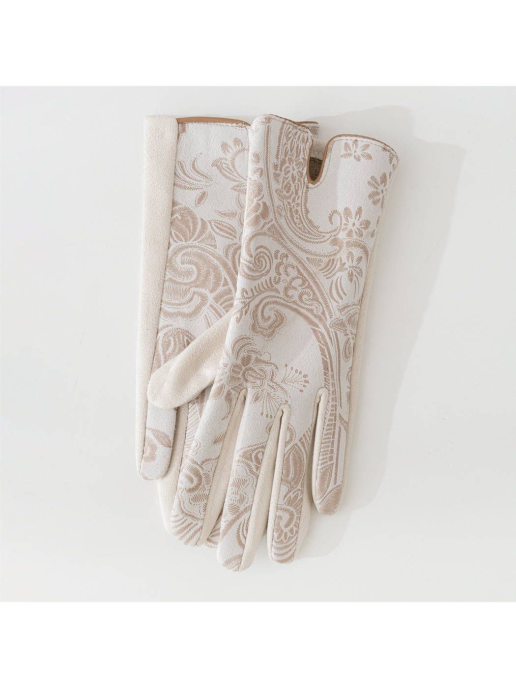 Ivory full-finger gloves with an ornate floral and paisley pattern