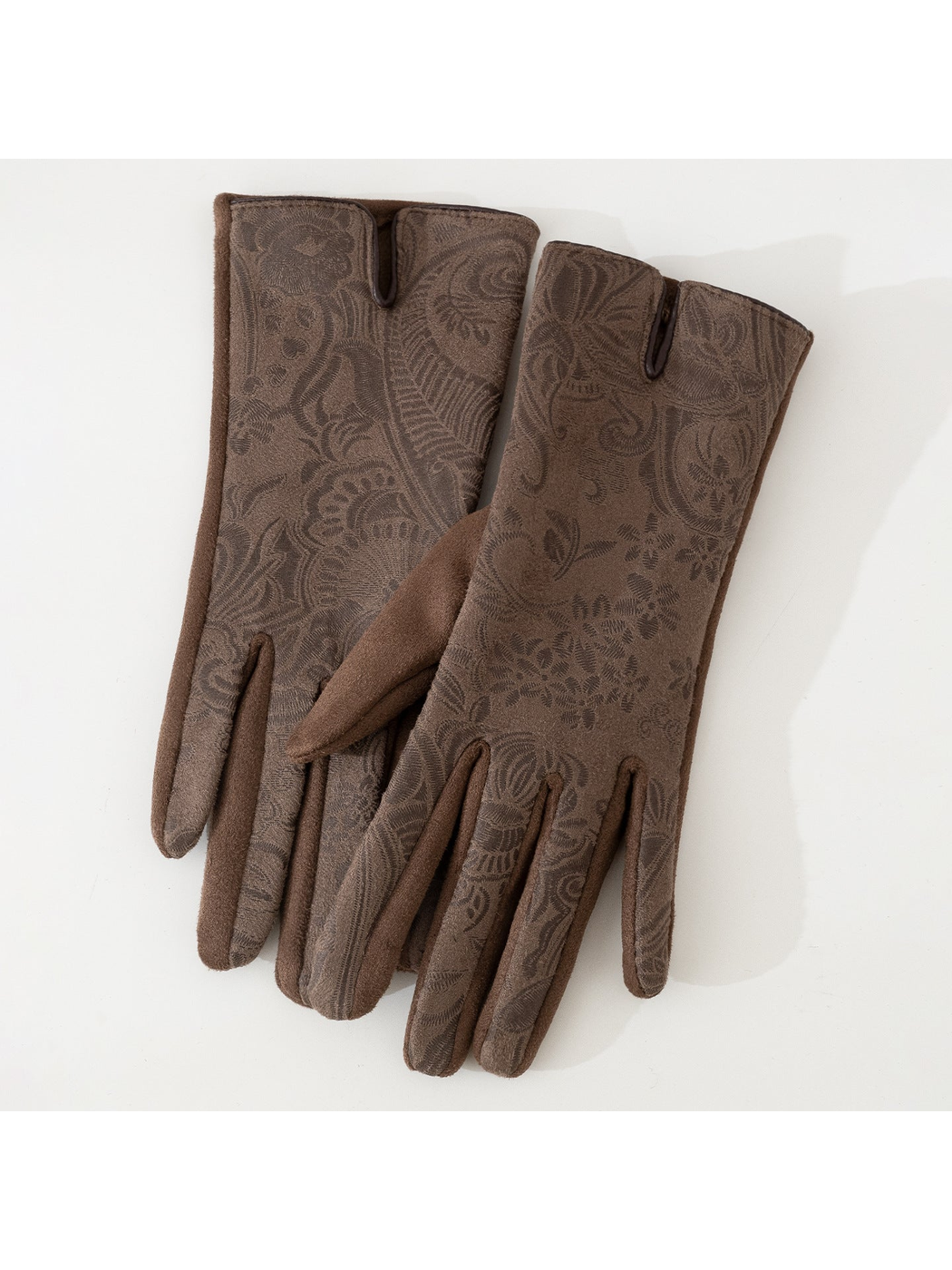 Brown full-finger gloves with an ornate floral and paisley pattern