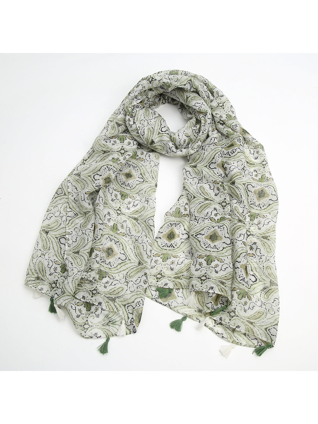 Green paisley scarf with tassel fringe on a white background
