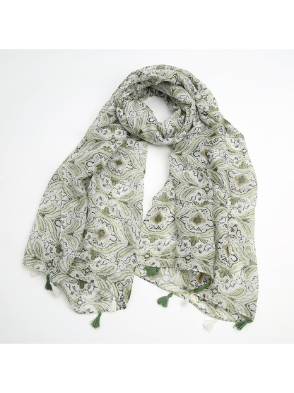 Green paisley scarf with tassel fringe on a white background