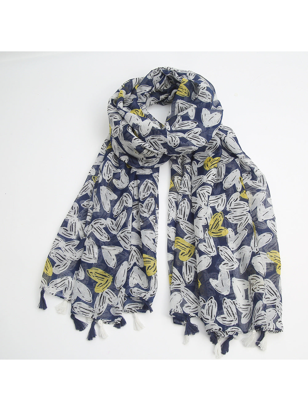 Navy scarf arranged in a loop with tassel fringe