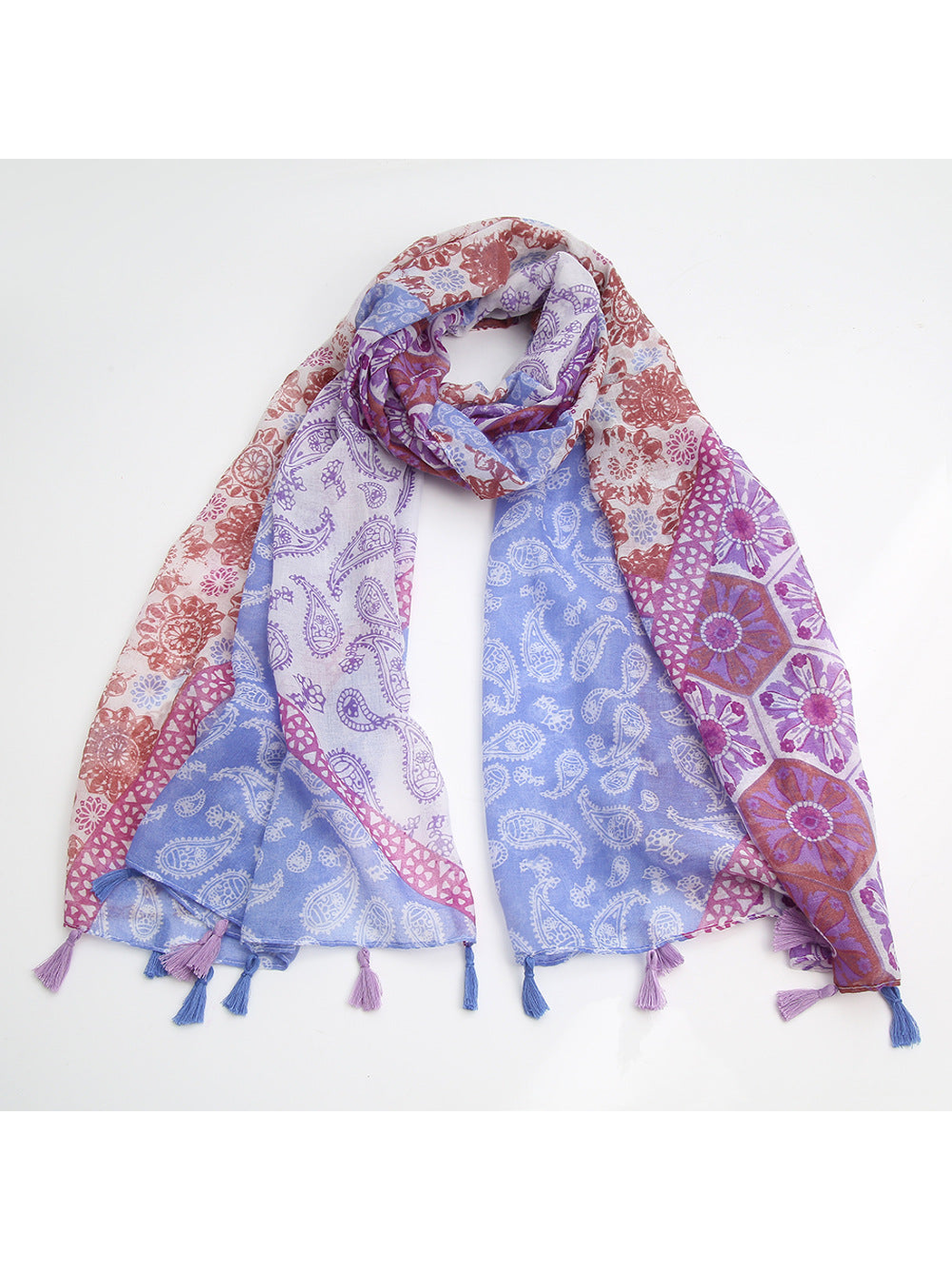 Multicolor scarf with paisley, floral, and geometric motifs and tassel fringe