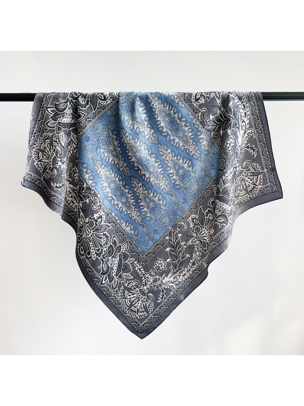 Blue Gray square scarf with an ornamental paisley and floral pattern