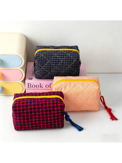 Cosbai - Color Block Plaid Cosmetic Organizer Bag