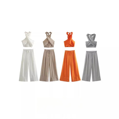 Vesty - Cross-Neck Two-Piece Set (Top + Pants)