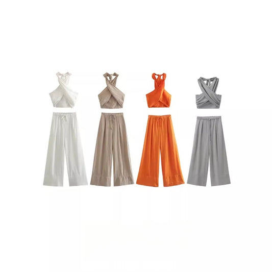 Vesty - Linen Cross-Neck Two-Piece Set (Top + Pants)