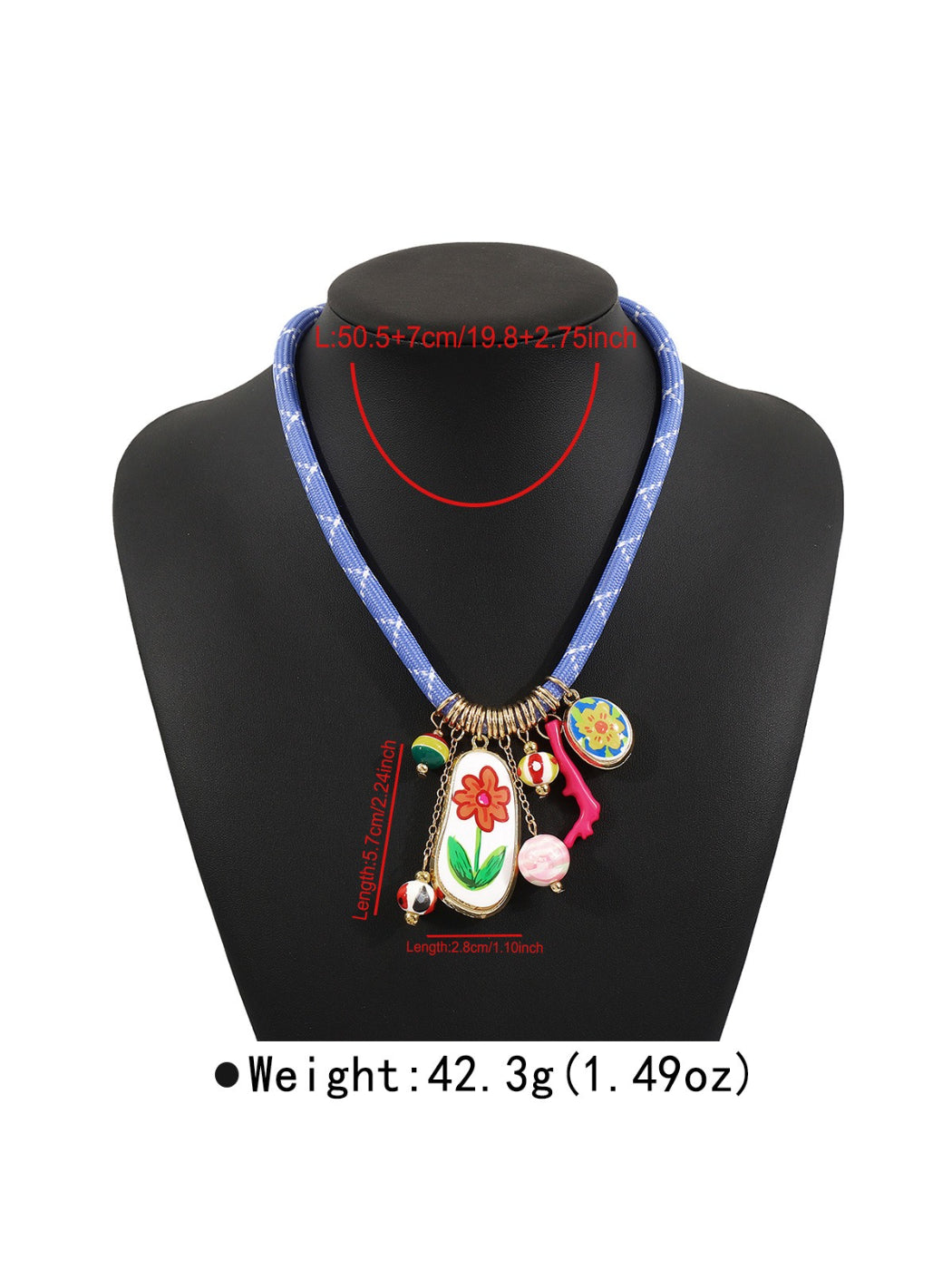 Side view of colourful multi charm rope necklace highlighting texture and bead details