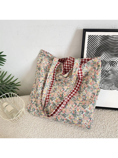Cosbai - Reversible Gingham Floral Shoulder Bag