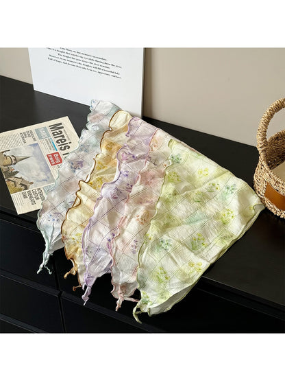 Scarvii - Blocks and Floral Print Wavy Edge Triangle Scarf
