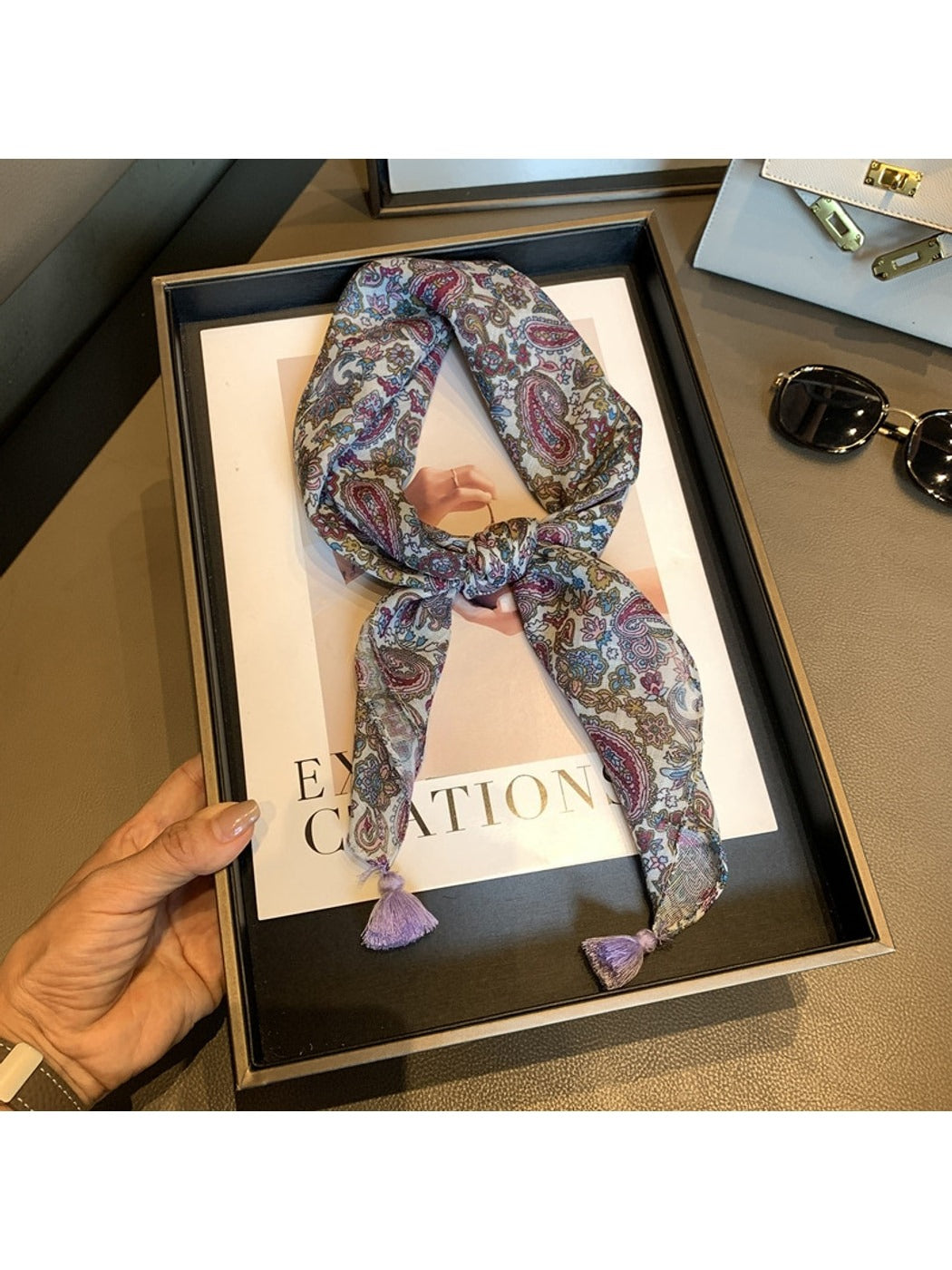 Scarvii - Paisley Print Tassel Accent Square Scarf
