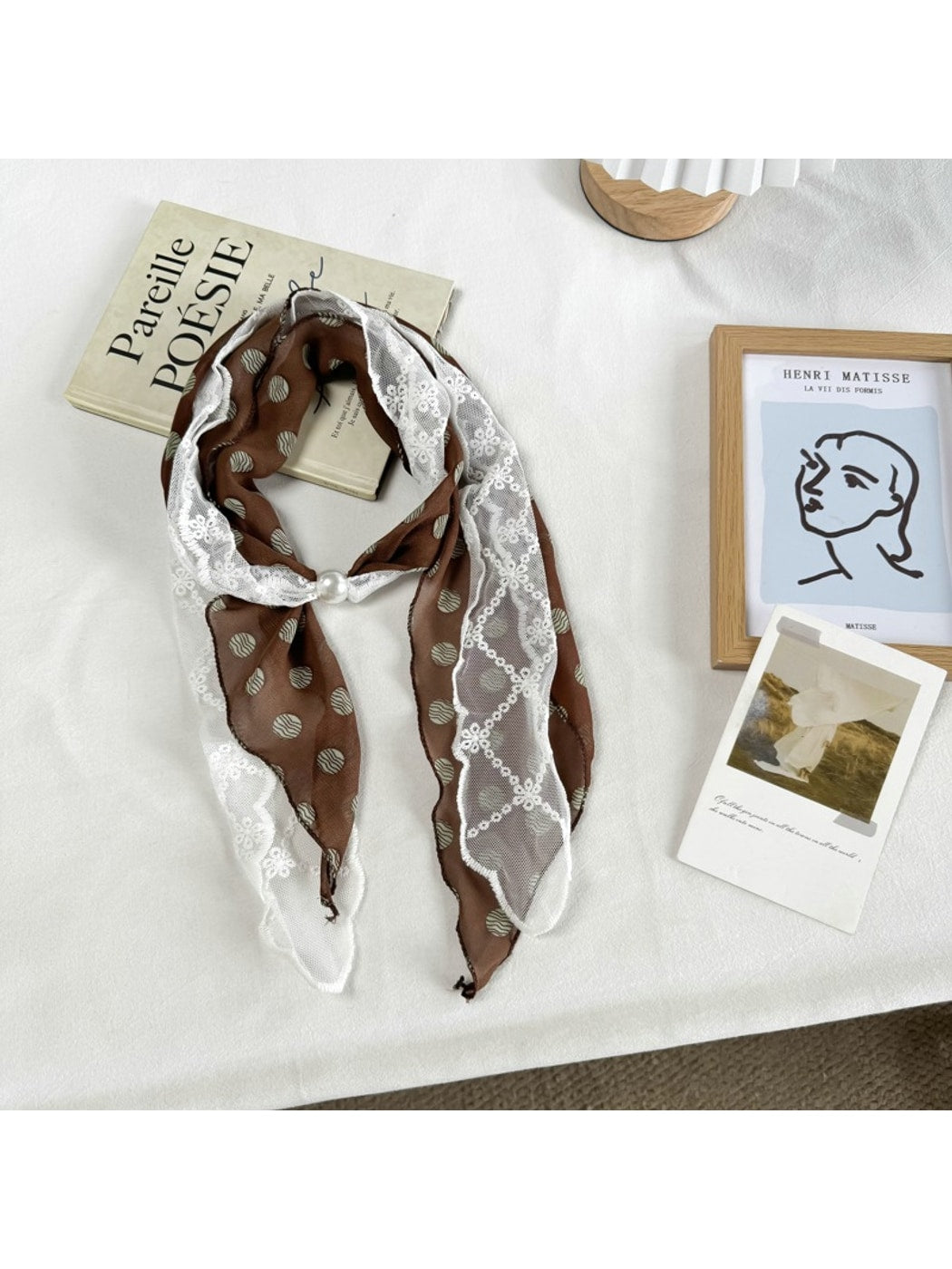 Scarvii - Polka Dot Lace-Edge Long Narrow Neck Scarf