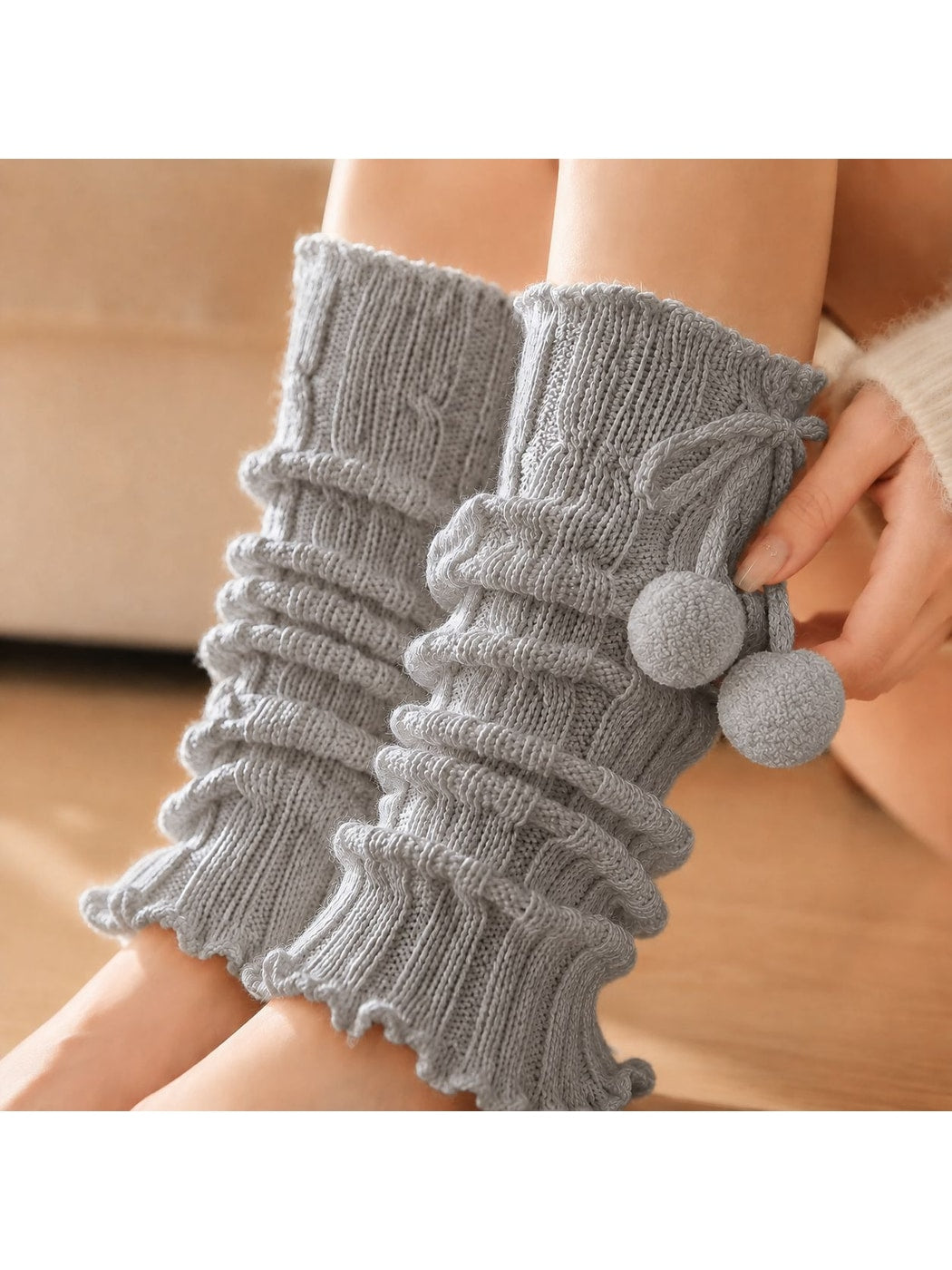 Cozyra - Pom-Pom Cable-Knit Ruffled Leg Warmers